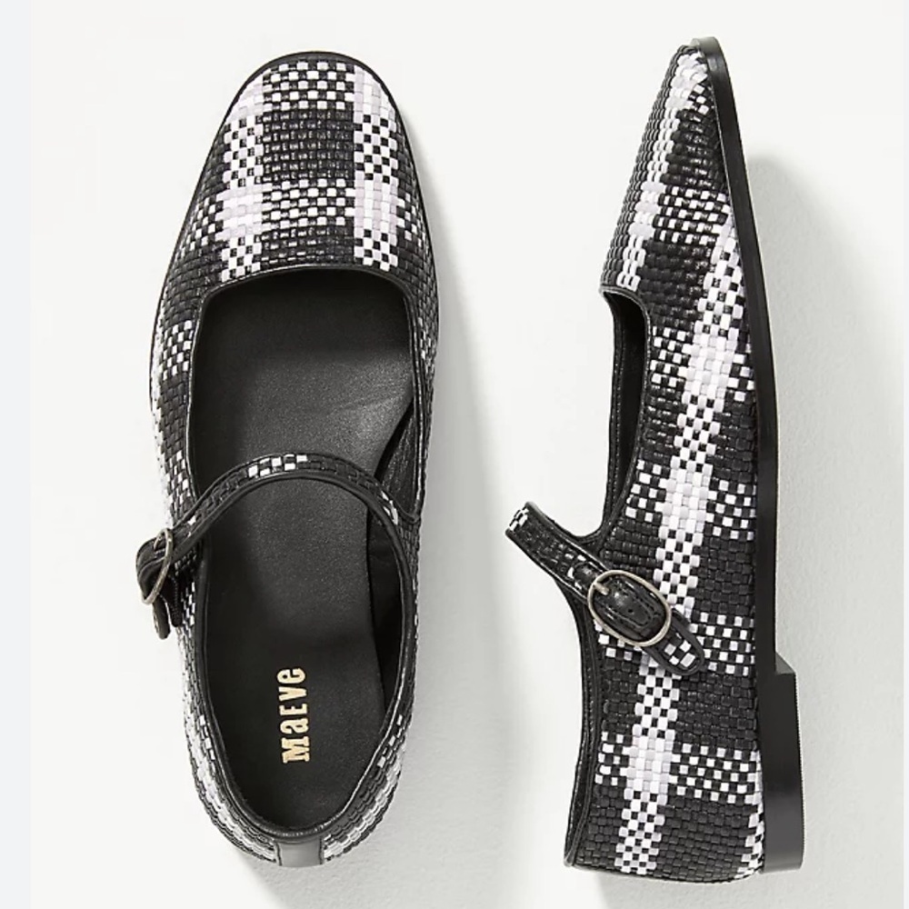 NEW Anthropologie Maeve Black/White Leather Square Toe Woven Mary Jane Flats